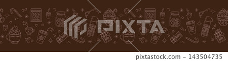 Hot cocoa and marshmallow horizontal seamless pattern panoramic banner line art Hot cocoa and marshmallow horizontal seamless pattern panoramic banner line art 143504735