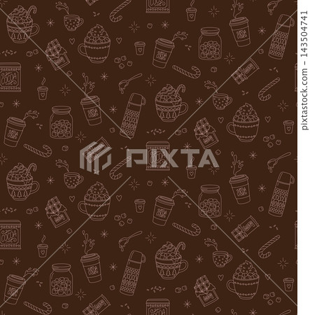 Hot cocoa and marshmallow seamless pattern winter drink outline background Hot cocoa and marshmallow seamless pattern winter drink outline background 143504741