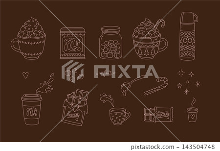 Hot cocoa and marshmallow winter drink icons set elements outline doodle collection Hot cocoa and marshmallow winter drink icons set elements outline doodle collection 143504748