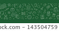 Primary school back to school seamless border chalkboard green background line art 143504759