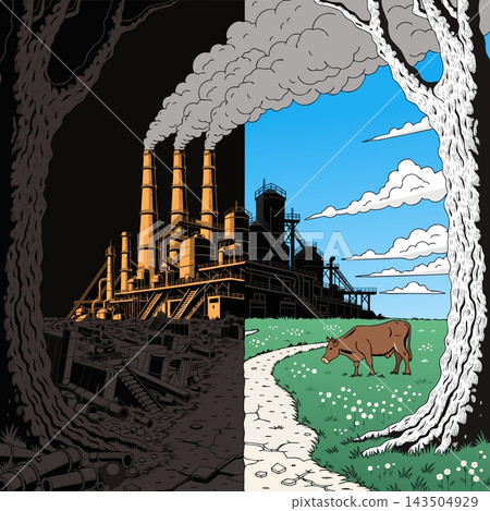 The image shows a stark contrast between heavy industrial pollution on the dark side and a clean environment on the green side The image shows a stark contrast between heavy industrial pollution on the dark side and a clean environment on the green side 143504929