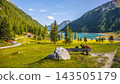 Visitors enjoy the view of Lake Neves in South Tyrol, located at the end of the Molini Valley in the Zillertal Alps, Italy. The area is surrounded by green trees and mountains. 143505179
