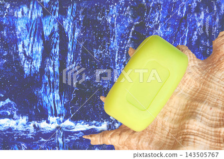 Green soap on shell conch on fresh blue waterfall Green soap on shell conch on fresh blue waterfall 143505767