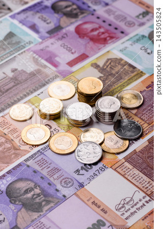 India paper money, rupee banknotes and coins as currency for exchange or travel. Indian money 143505824
