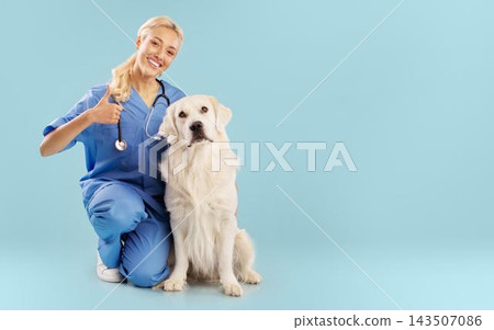 Smiling Caucasian Female Veterinarian Posing With Friendly Dog In Animal Clinic Setting, Exuding Joy And Care. Bonding Moment In Professional Environment Focused On Pet Health, Healthcare Concept. Smiling Caucasian Female Veterinarian Posing With Friendly Dog In Animal Clinic Setting, Exuding Joy And Care. Bonding Moment In Professional Environment Focused On Pet Health, Healthcare Concept. 143507086