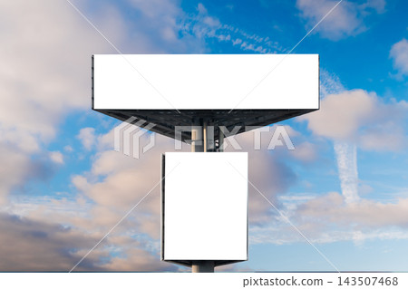 Front view: two blank white billboards against the blue sky with clouds: mock up Front view: two blank white billboards against the blue sky with clouds: mock up 143507468