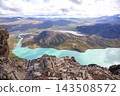 Landscape view of Norway from a mountain top showing lakes and valleys under a cloudy sky 143508572