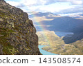 Colors in the sky appear above mountains and a lake in Norway during a sunny day 143508574