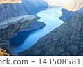 View from a cliff overlooking a river and mountains in Norway during the daytime 143508581