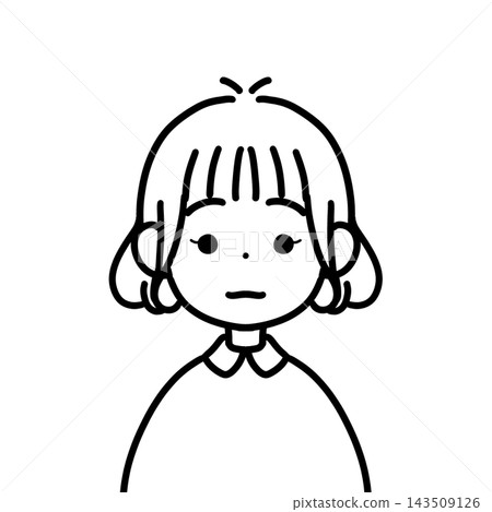 波波頭女性圖標，表情嚴肅，半身像，線條畫。 143509126