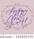 Happy New Year hand written calligraphy lettering in vintage ornamental frame isolated on dusty pink background. Purple textured quote phrase. 143509370