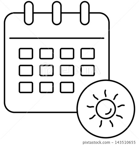 Line art style icon illustration of a calendar page with bright sun symbol isolated on transparent background. Minimalist thin line design element clip art for summer plan UI. 143510655