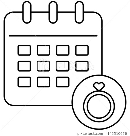 Line art style icon illustration of a calendar page with wedding diamond ring symbol isolated on transparent background. Minimalist thin line design element for wedding date UI. Line art style icon illustration of a calendar page with wedding diamond ring symbol isolated on transparent background. Minimalist thin line design element for wedding date UI. 143510656