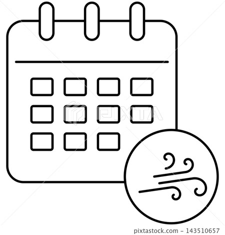 Line art style icon illustration of a calendar page with wind breeze symbol isolated on transparent background. Minimalist thin line design element for windy forecast UI. Line art style icon illustration of a calendar page with wind breeze symbol isolated on transparent background. Minimalist thin line design element for windy forecast UI. 143510657