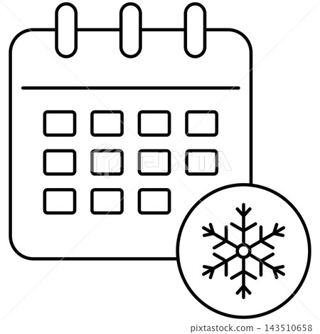 Line art style icon illustration of a calendar page with snowflake symbol isolated on transparent background. Minimalist thin line design element clip art for winter schedule UI. 143510658