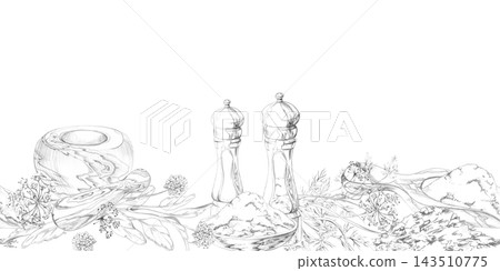 Wooden mortar, pestle, pepper mills and mixed herbs, traditional kitchen tools with crushed spices, aromatic seasonings and rustic culinary elements. Isolated hand drawn pencil seamless banner. Wooden mortar, pestle, pepper mills and mixed herbs, traditional kitchen tools with crushed spices, aromatic seasonings and rustic culinary elements. Isolated hand drawn pencil seamless banner. 143510775