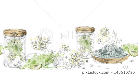 Glass jars of cucumber pickles, preserved pantry vegetables with dill and peppercorns, homemade fermented foods, crunchy garden produce. Isolated hand drawn pencil and watercolor seamless banner. Glass jars of cucumber pickles, preserved pantry vegetables with dill and peppercorns, homemade fermented foods, crunchy garden produce. Isolated hand drawn pencil and watercolor seamless banner. 143510780