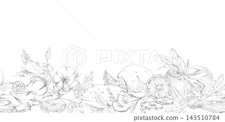 Mixed herbs, citrus fruits, vegetables for cooking, fresh Mediterranean ingredients, aromatic leaves, colorful produce and natural kitchen harvest elements. Isolated hand drawn pencil seamless banner. Mixed herbs, citrus fruits, vegetables for cooking, fresh Mediterranean ingredients, aromatic leaves, colorful produce and natural kitchen harvest elements. Isolated hand drawn pencil seamless banner. 143510784