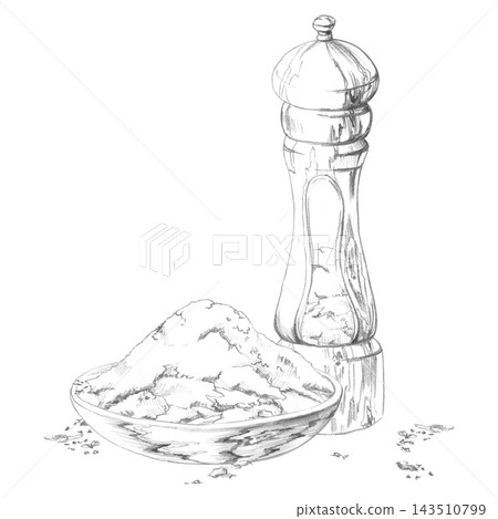 Wooden pepper mill, salt heap in wooden bowl, aromatic seasoning collection with traditional grinder. Isolated hand drawn pencil illustration. Recipe books, spice encyclopedias, culinary workshops Wooden pepper mill, salt heap in wooden bowl, aromatic seasoning collection with traditional grinder. Isolated hand drawn pencil illustration. Recipe books, spice encyclopedias, culinary workshops 143510799