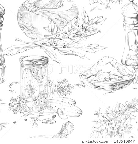 Fresh bay laurel, dill herbs, vegetables, peppercorn spices, mortar and pestle, pickled preserves jar, salt grains. Isolated pencil hand drawn seamless pattern. Food wrapping, textile collections Fresh bay laurel, dill herbs, vegetables, peppercorn spices, mortar and pestle, pickled preserves jar, salt grains. Isolated pencil hand drawn seamless pattern. Food wrapping, textile collections 143510847