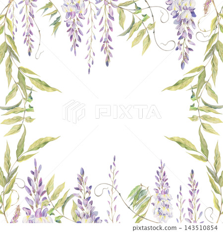 Lilac wisteria racemes, feathered plant leaves, vine tendrils. Garden-inspired square border frame. Watercolor illustration hand drawn in crayon pencil. Branding assets, greeting cards, cushion covers 143510854
