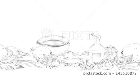 Mediterranean cuisine ingredients, olive oil jar, mixed herbs, vegetables spices and fresh citrus. Isolated hand drawn pencil seamless banner. Restaurant menus, travel publications, food culture Mediterranean cuisine ingredients, olive oil jar, mixed herbs, vegetables spices and fresh citrus. Isolated hand drawn pencil seamless banner. Restaurant menus, travel publications, food culture 143510872