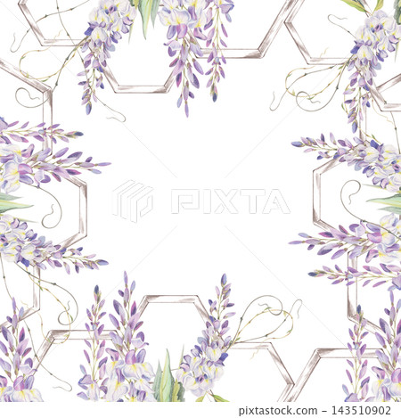 Cascading wisteria buds on wooden polygon trellis segments, green foliage, leafy tendrils. Watercolor botanical border frame hand drawn in crayon pencil. Patio furniture packaging, garden center brand Cascading wisteria buds on wooden polygon trellis segments, green foliage, leafy tendrils. Watercolor botanical border frame hand drawn in crayon pencil. Patio furniture packaging, garden center brand 143510902