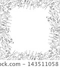 Huckleberry, bilberry blossoms, branches, leaves, ripe forest blueberry berries. Isolated square frame hand drawn in vector ink, copy space. Conservation organizations, woodland restoration projects 143511058