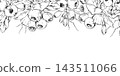 Bell-shaped bilberry, huckleberry flowers, mature blueberry berries, forest foliage. Detailed botanical composition. Isolated seamless banner hand drawn in vector ink. Nature centers, museum exhibits 143511066