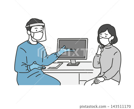 發熱診的場景,一位身穿防護服的醫生正在為一位女病人進行檢查並解釋病情。 發熱診的場景,一位身穿防護服的醫生正在為一位女病人進行檢查並解釋病情。 143511170