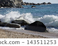 Turquoise Sea Wave Breaking Behind Dark Coastal Rocks 143511253