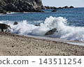 Powerful Sea Wave Crashing Against Rocks on Sandy Beach 143511254