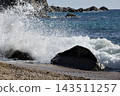 Breaking Waves and Rocks on Rugged Mediterranean Shore 143511257