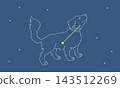 A line drawing illustration of Canis Minor floating in the starry sky (a white outline of a puppy and yellow-green constellation lines). 143512269