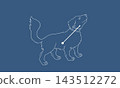 A line drawing illustration of Canis Minor (a small dog and constellation lines in white) against a navy blue background. 143512272