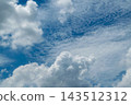White cumulus clouds sunlit edges spread across vivid blue sky beneath finer textured cloud layers creating broad open cloudscape natural contrast space for background use 143512312