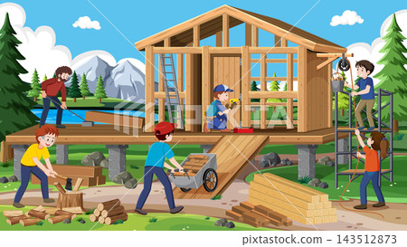 People Building Wooden House Using Simple Machines Vector Illustration People Building Wooden House Using Simple Machines Vector Illustration 143512873
