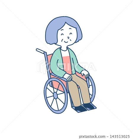 A cheerful elderly woman with bobbed hair sitting in a wheelchair. A cheerful elderly woman with bobbed hair sitting in a wheelchair. 143513025