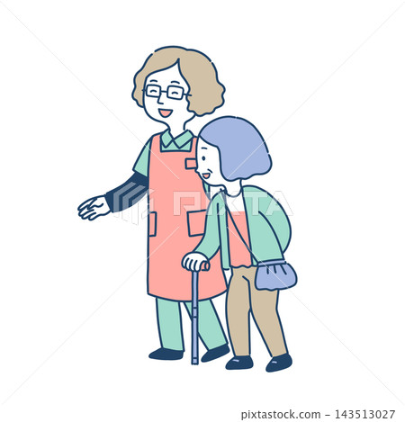 A female caregiver assists an elderly woman walking with a cane. A female caregiver assists an elderly woman walking with a cane. 143513027