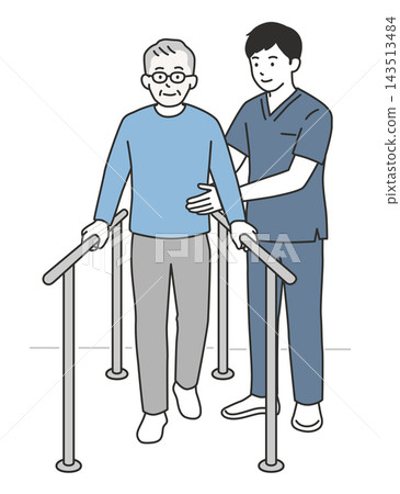 An illustration of a senior man undergoing walking training using parallel bars with the assistance of a physical therapist. An illustration of a senior man undergoing walking training using parallel bars with the assistance of a physical therapist. 143513484
