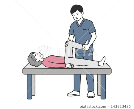 An illustration of a woman receiving knee and hip flexion exercises from a physical therapist on a rehabilitation table. An illustration of a woman receiving knee and hip flexion exercises from a physical therapist on a rehabilitation table. 143513485