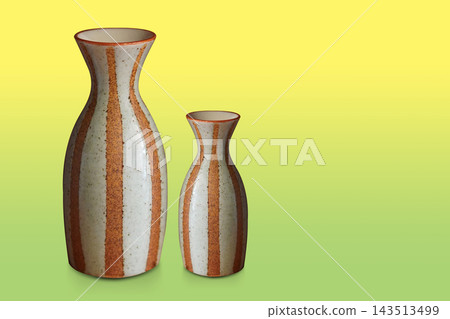 front view two antique brown and white ceramic vase on gradient green and yellow background, object, decor, fashion, copy space 143513499
