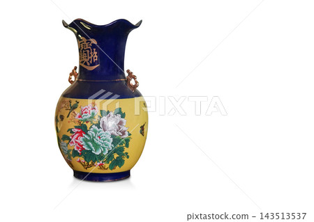 front view antique blue and yellow ceramic pot on white background, object, vintage, decor, modern, old, copy space front view antique blue and yellow ceramic pot on white background, object, vintage, decor, modern, old, copy space 143513537