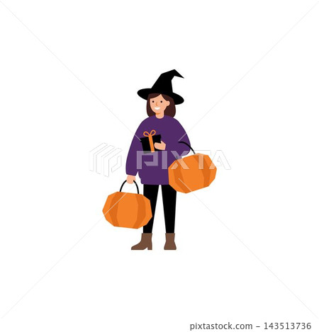 A young girl dressed as a witch carrying two pumpkins and a small gift box for Halloween. A young girl dressed as a witch carrying two pumpkins and a small gift box for Halloween. 143513736