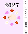 This is a Japanese New Year's card design featuring the sheep, the zodiac animal for 2027, and colorful plum blossoms in pink, red, and white. 143514066