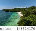 Clear blue water meets a white sand beach and lush green trees along the coast in Anda, Bohol, Philippines 143514170