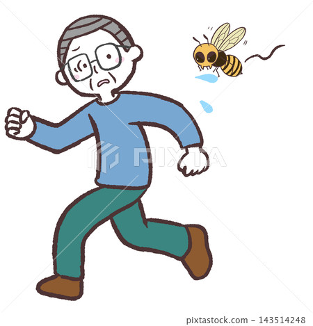 Illustration of a senior man being chased by bees Illustration of a senior man being chased by bees 143514248