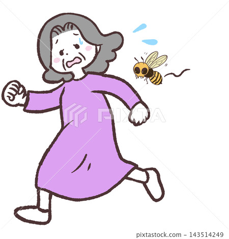 Illustration of a senior woman being chased by bees Illustration of a senior woman being chased by bees 143514249