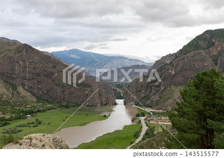 Scenic view of the river gorge and majestic rocky mountains in Gunib 143515577