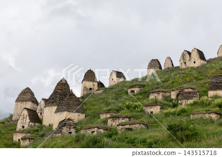Ancient stone crypts in Dargavs necropolis on a green mountain slope 143515718